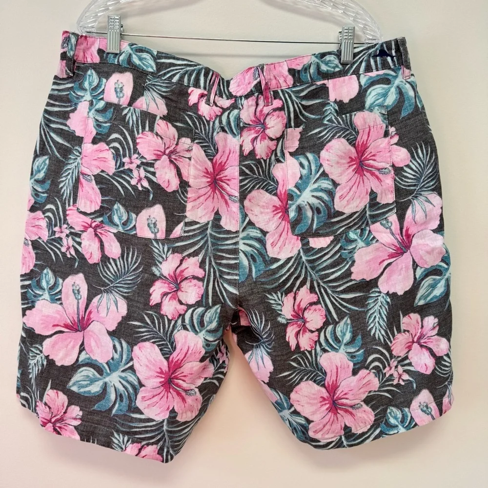 Tommy Bahama 100% Linen‎ Reversible Shorts Blue Stipe, Pink & Green Tropical 40